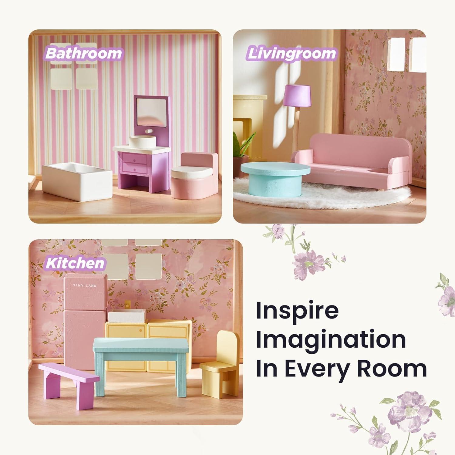 imageTiny Land Wooden Dollhouse for Girls 6 Rooms Wooden Doll House DIY Pretend Doll House with 31Pcs Furniture Accessories Creative Gift for Girl Ages 3Unicorn Purple