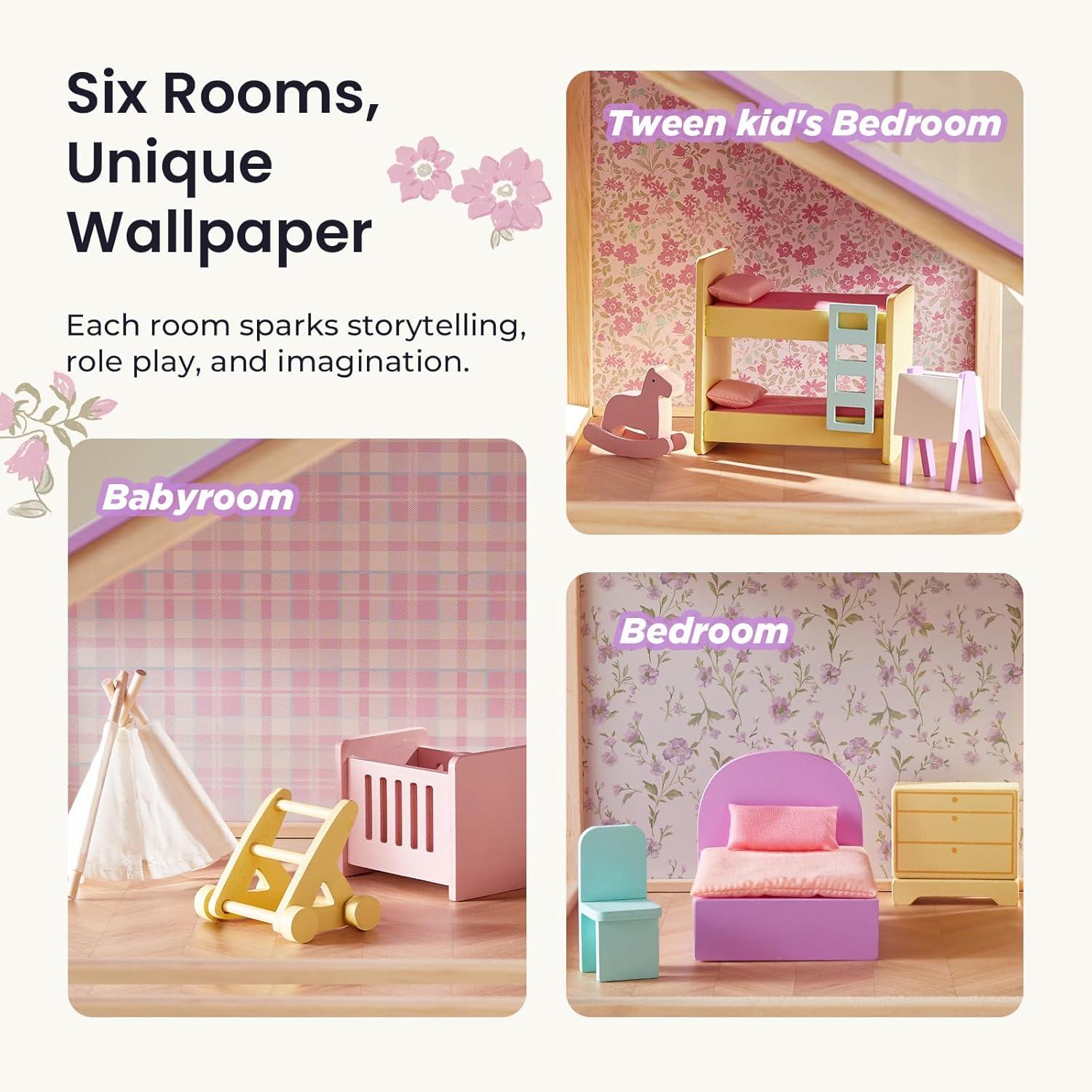 imageTiny Land Wooden Dollhouse for Girls 6 Rooms Wooden Doll House DIY Pretend Doll House with 31Pcs Furniture Accessories Creative Gift for Girl Ages 3Unicorn Purple
