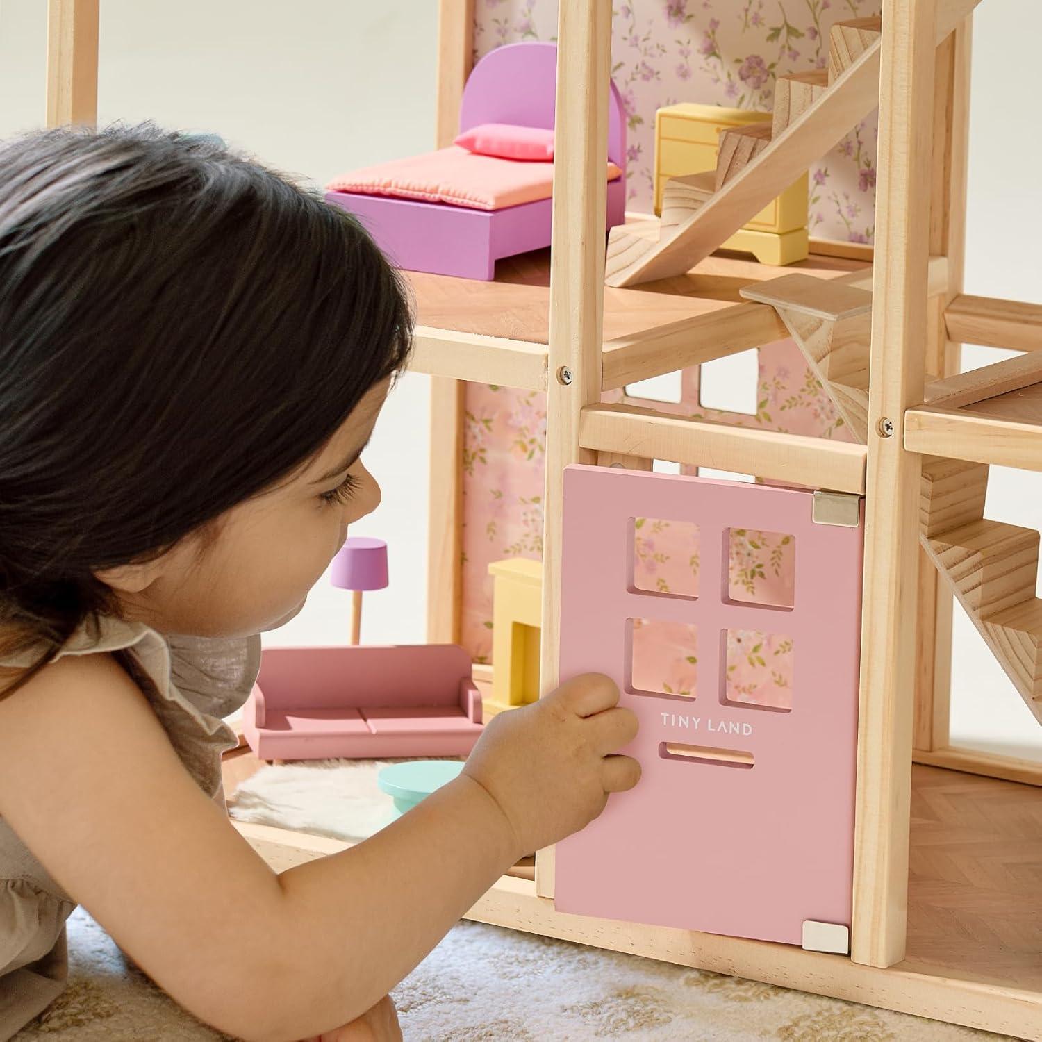 imageTiny Land Wooden Dollhouse for Girls 6 Rooms Wooden Doll House DIY Pretend Doll House with 31Pcs Furniture Accessories Creative Gift for Girl Ages 3Unicorn Purple