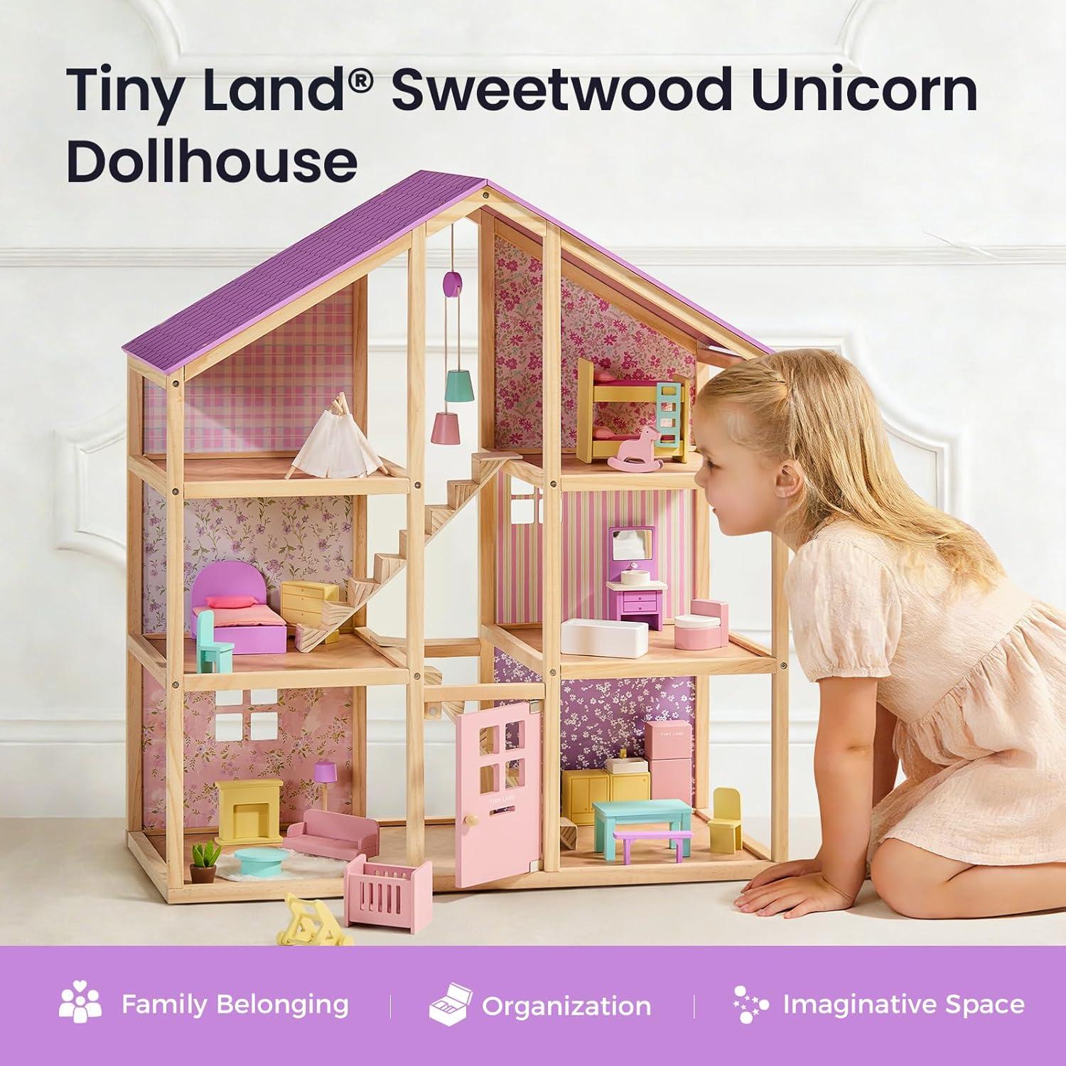 imageTiny Land Wooden Dollhouse for Girls 6 Rooms Wooden Doll House DIY Pretend Doll House with 31Pcs Furniture Accessories Creative Gift for Girl Ages 3Unicorn Purple