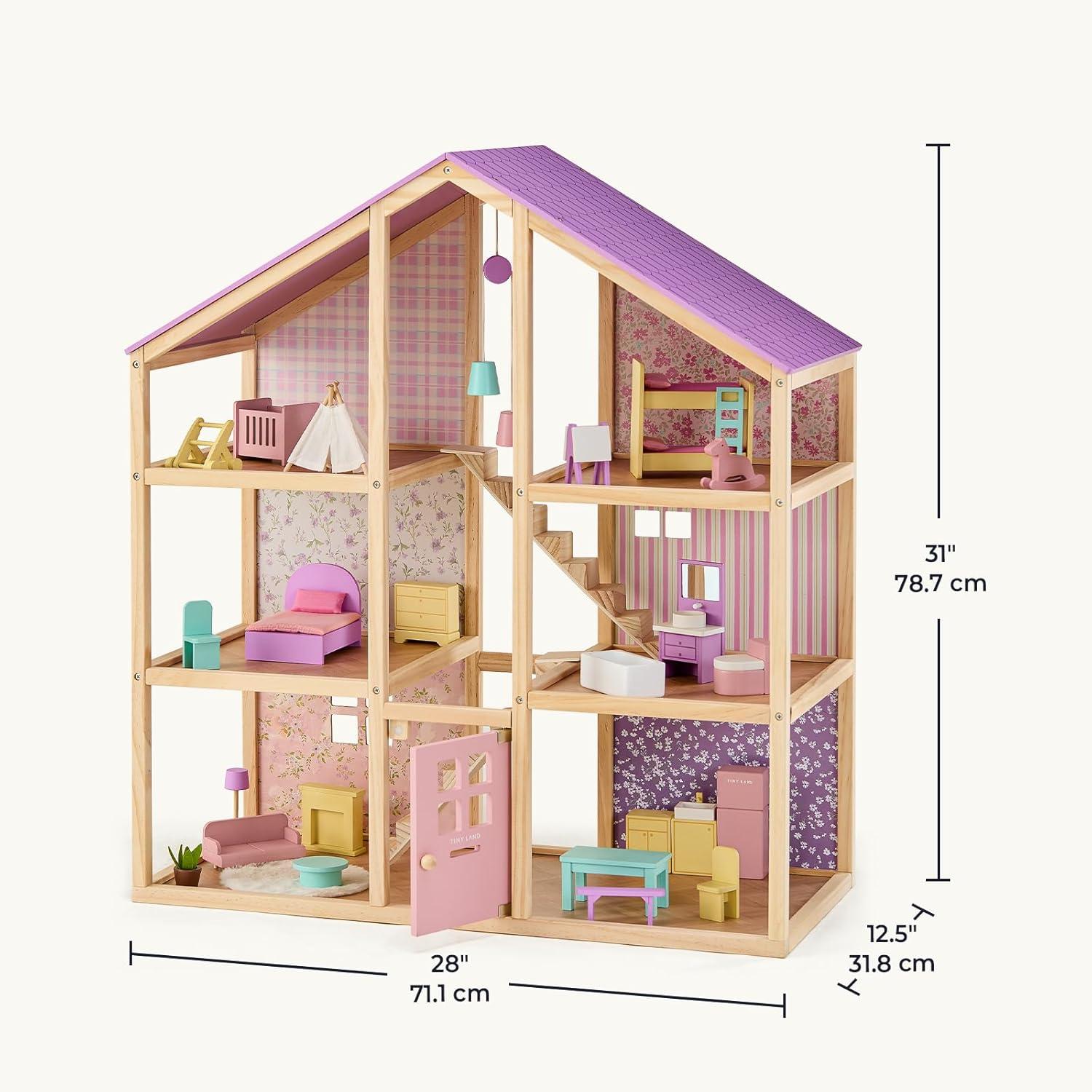 imageTiny Land Wooden Dollhouse for Girls 6 Rooms Wooden Doll House DIY Pretend Doll House with 31Pcs Furniture Accessories Creative Gift for Girl Ages 3Unicorn Purple