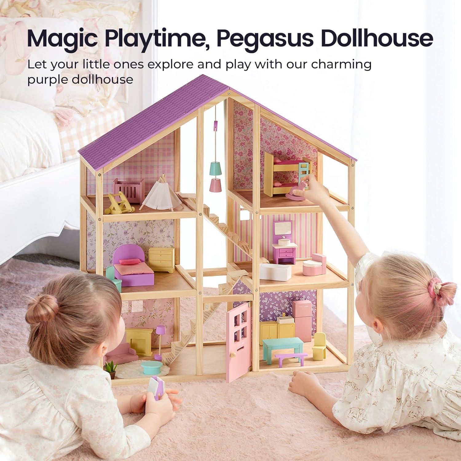 imageTiny Land Wooden Dollhouse for Girls 6 Rooms Wooden Doll House DIY Pretend Doll House with 31Pcs Furniture Accessories Creative Gift for Girl Ages 3Unicorn Purple