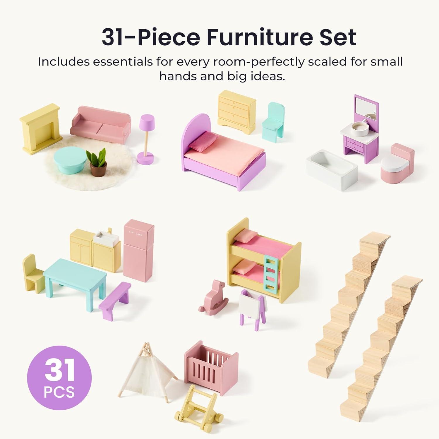 imageTiny Land Wooden Dollhouse for Girls 6 Rooms Wooden Doll House DIY Pretend Doll House with 31Pcs Furniture Accessories Creative Gift for Girl Ages 3Unicorn Purple