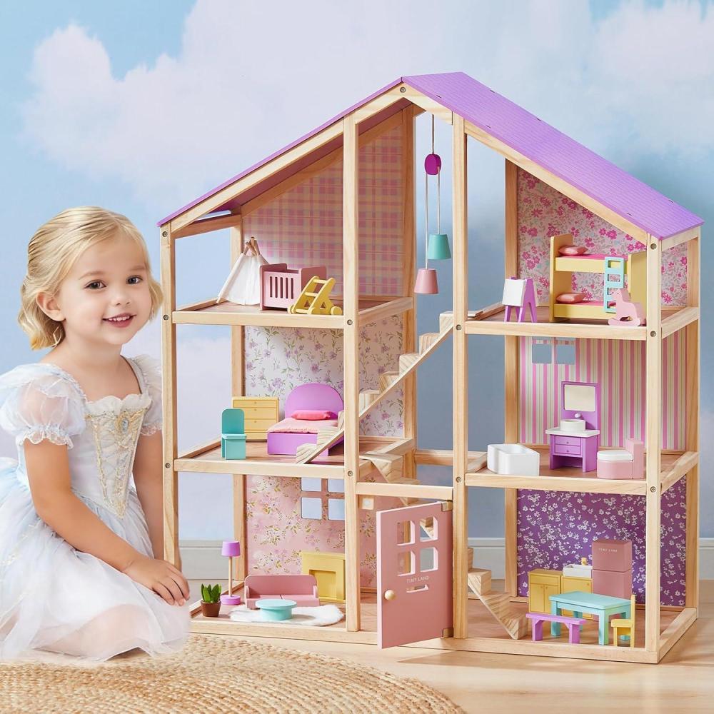 imageTiny Land Wooden Dollhouse for Girls 6 Rooms Wooden Doll House DIY Pretend Doll House with 31Pcs Furniture Accessories Creative Gift for Girl Ages 3Unicorn Purple
