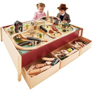 Tiny Land Large Wooden Train Table (47.9”x35.2”), 100PCS Train Set, 3 Storage Bins, Activity Playset for Kids Ages 3+