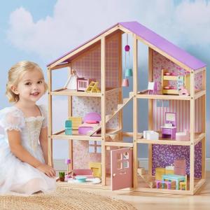 Tiny Land Wooden Dollhouse for Girls – 6 Rooms Wooden Doll House, DIY Pretend Doll House with 31Pcs Furniture Accessories, Creative Gift for Girl Ages 3+,Unicorn Purple