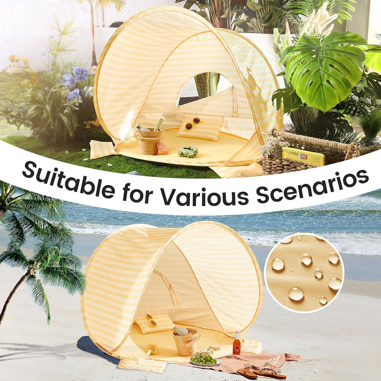 imageTiny Land Baby Beach Tent Pop Up Baby Tent with UV Protection Portable Baby Beach Essentials 354x276x315 Sun Shelter for Infants Baby Summer Outdoor Use Light Blue GinghamPastel Yellow Stripes