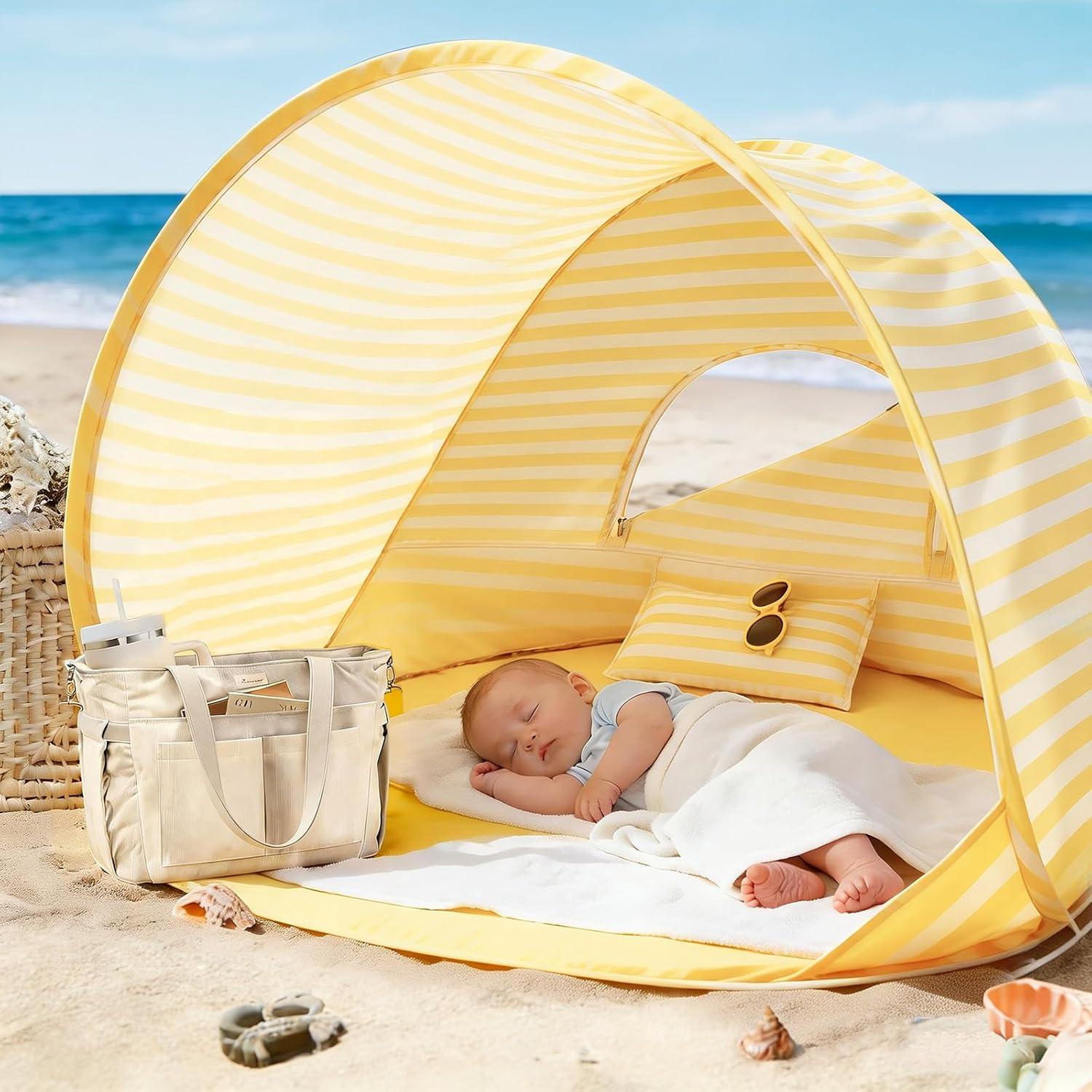 imageTiny Land Baby Beach Tent Pop Up Baby Tent with UV Protection Portable Baby Beach Essentials 354x276x315 Sun Shelter for Infants Baby Summer Outdoor Use Light Blue GinghamPastel Yellow Stripes