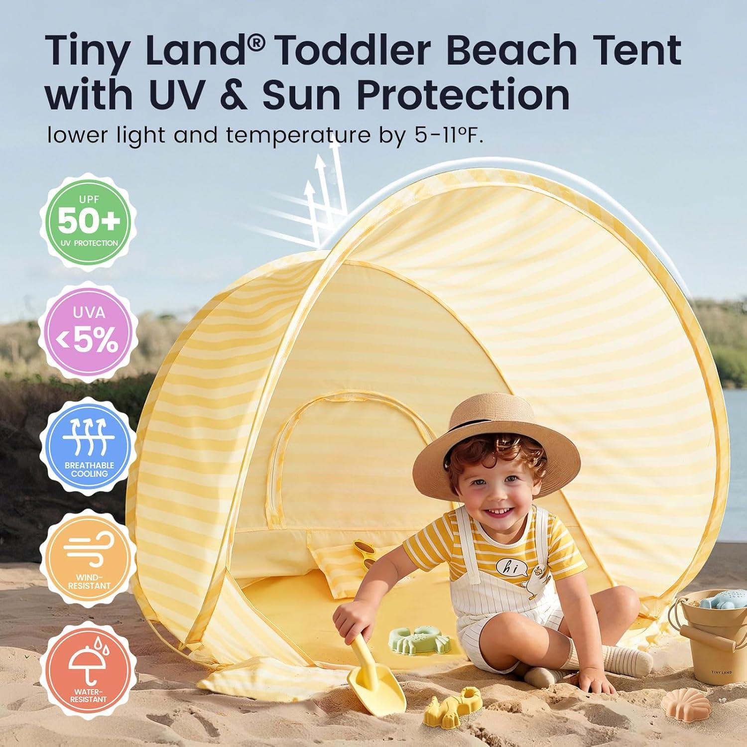 imageTiny Land Baby Beach Tent Pop Up Baby Tent with UV Protection Portable Baby Beach Essentials 354x276x315 Sun Shelter for Infants Baby Summer Outdoor Use Light Blue GinghamPastel Yellow Stripes