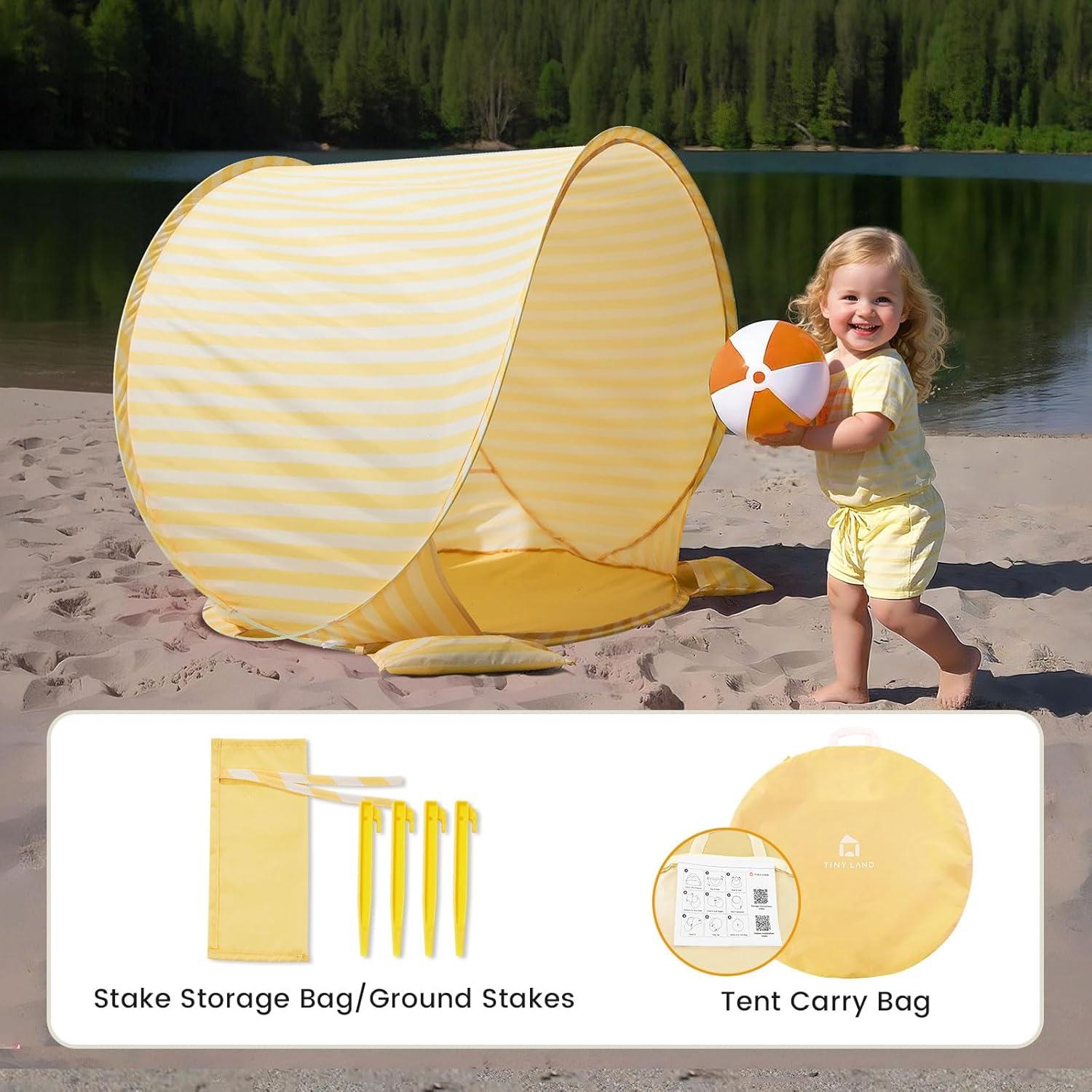 imageTiny Land Baby Beach Tent Pop Up Baby Tent with UV Protection Portable Baby Beach Essentials 354x276x315 Sun Shelter for Infants Baby Summer Outdoor Use Light Blue GinghamPastel Yellow Stripes