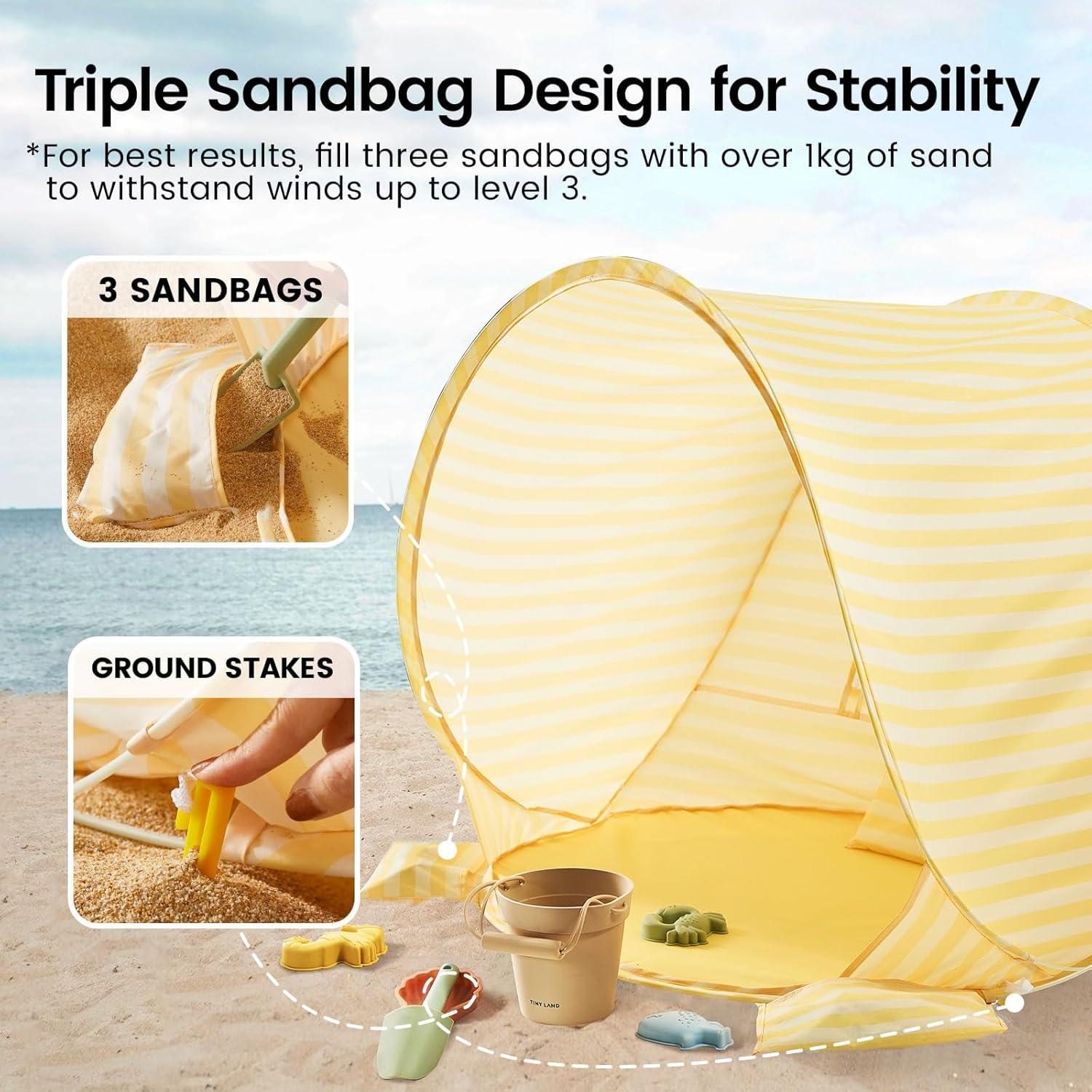 imageTiny Land Baby Beach Tent Pop Up Baby Tent with UV Protection Portable Baby Beach Essentials 354x276x315 Sun Shelter for Infants Baby Summer Outdoor Use Light Blue GinghamPastel Yellow Stripes