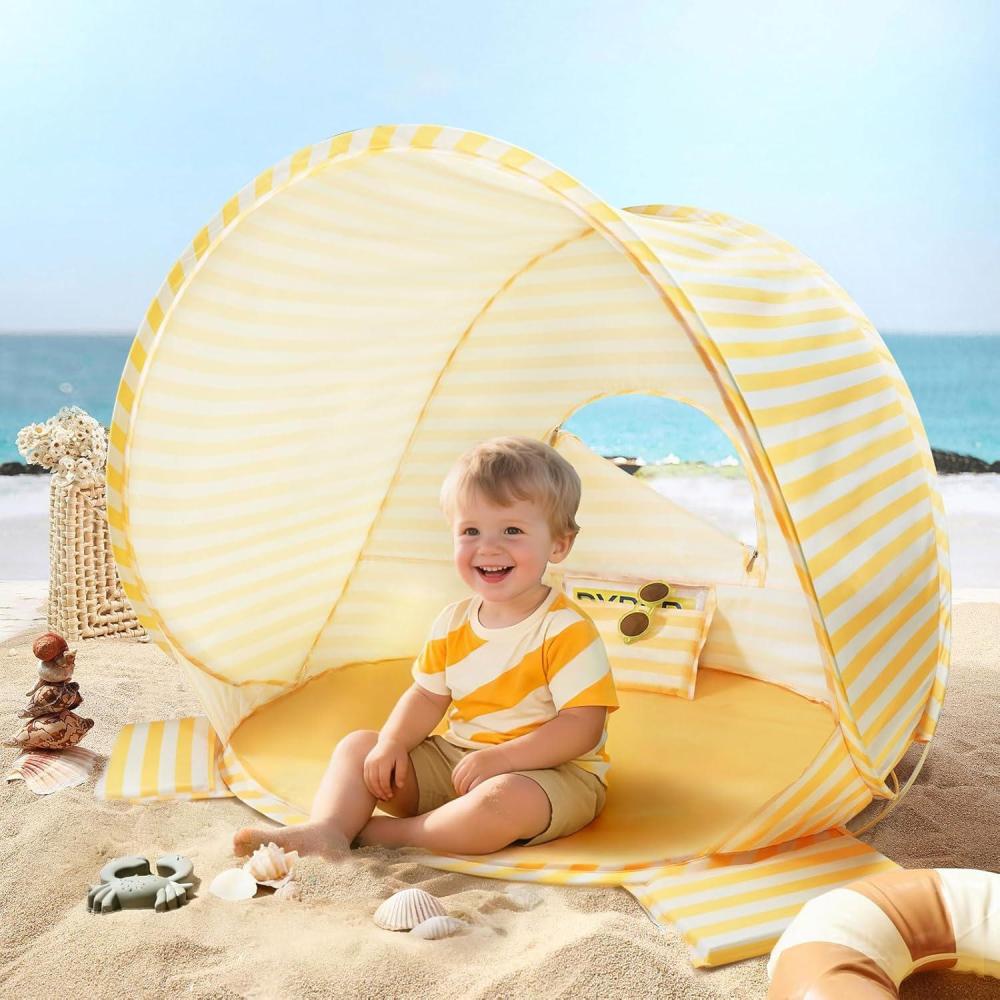 imageTiny Land Baby Beach Tent  Pop Up Baby Tent with UV Protection Portable Baby Beach Essentials 354x276x315 Sun Shelter for Infants Baby Summer Outdoor Use Light Blue GinghamPastel Yellow Stripes
