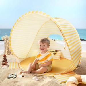 Tiny Land Baby Beach Tent – Pop Up Baby Tent with UV Protection, Portable Baby Beach Essentials, 35.4″x27.6″x31.5″ Sun Shelter for Infants, Baby Summer Outdoor Use (Light Blue Gingham)(Pastel Yellow Stripes)