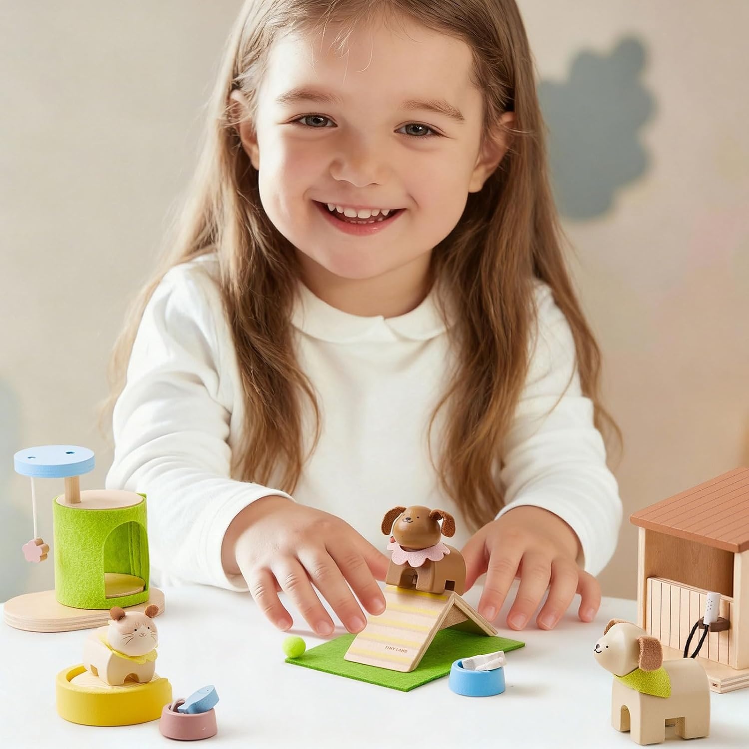 imageTiny Land Wooden Dollhouse Animal Set for Toddlers Dollhouse Accessories amp Dolls House Furniture Sets for Toddlers Montessori Pretend Play Family Pets Set Toys Gift for Kids Age 3